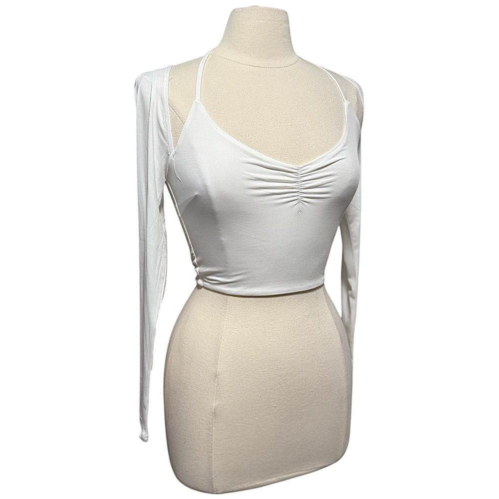 Luvalot Long Sleeve White Cinched V Neck Crop Top Size Small NWT